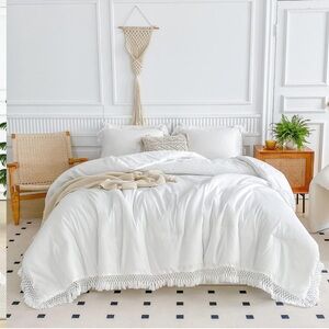 White fringe tassel boho bohemian 3 pcs comforter set king queen